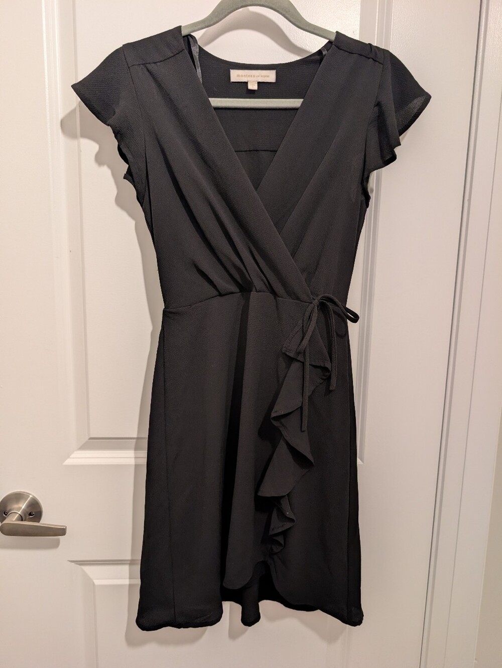 Black Faux-Wrap Mini Dress with Ruffle Tie - Monteau